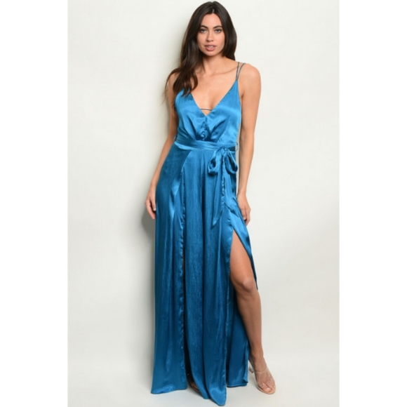 Havana Teal Blue Maxi Backless Wide Leg Jumpsuit - Picture 2 of 4
